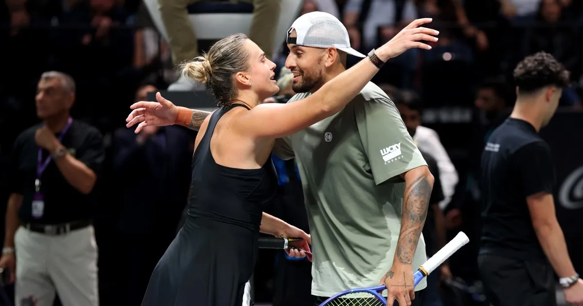 Nick Kyrgios and Aryna Sabalenka playing an exhibition match in Dubai