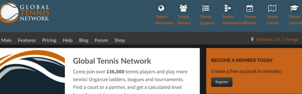 Global Tennis Network homepage showing court search and community features