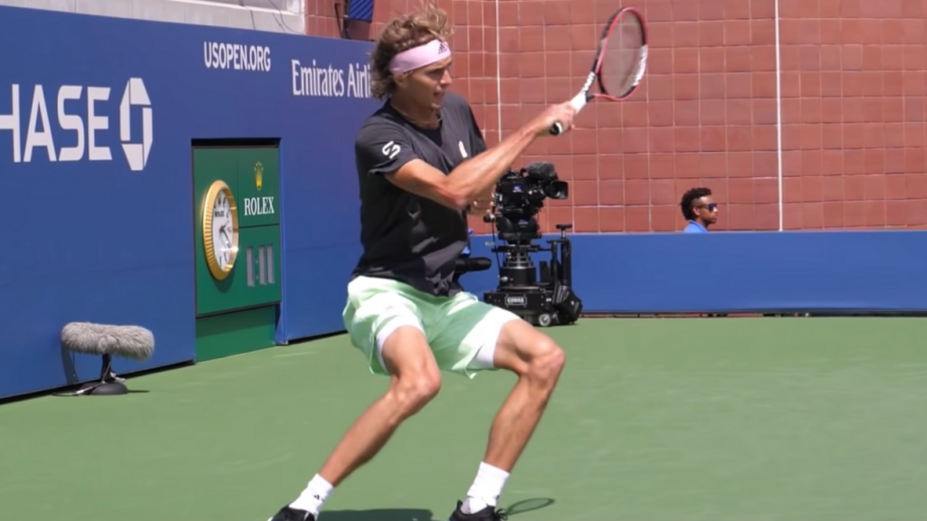 right handed players like alexander zverev generate extra power from the legs as shown in this image. here he is in the middle of his forehand follow through