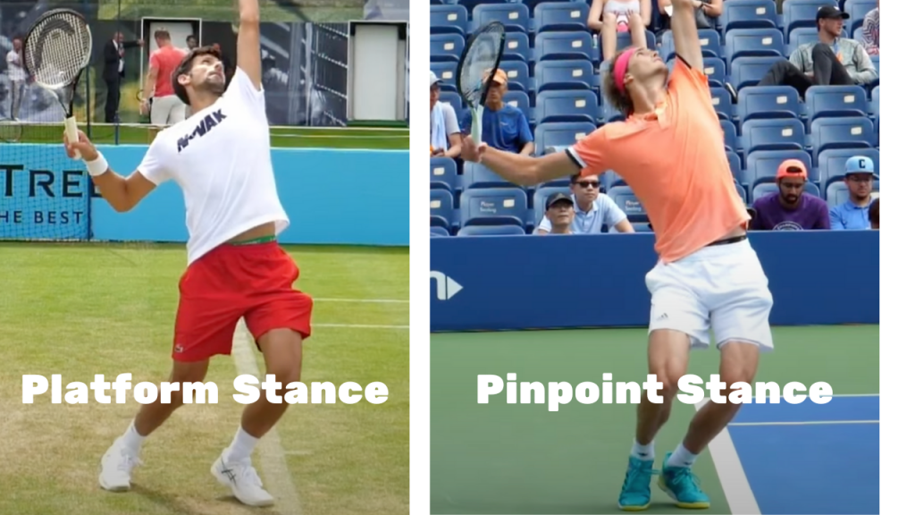 there is a huge difference between the pinpoint stance and the platform stance as shown in this image. alexander is a right handed player who is serving from the left side of the court. advanced players like zverev and djokovic tend to have a fluid motion when it comes to their serves as shown in this image.