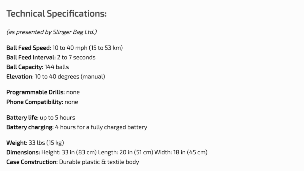 Slinger Bag Technical Specifications