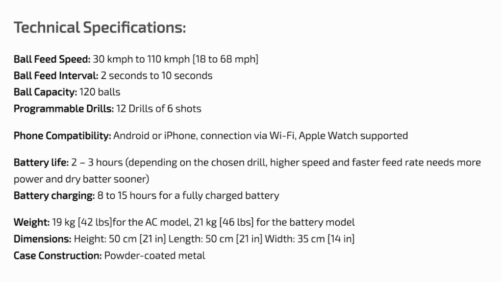 Spinshot Player Technical Specifications