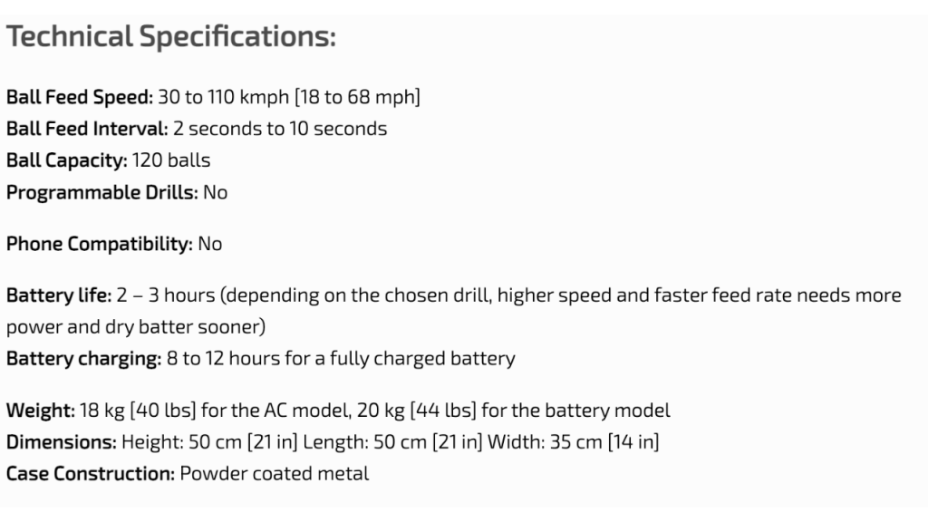 Spinshot Pro Technical Specifications