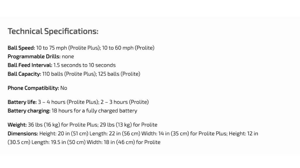 Tennis Tutor Prolite Technical Specifications